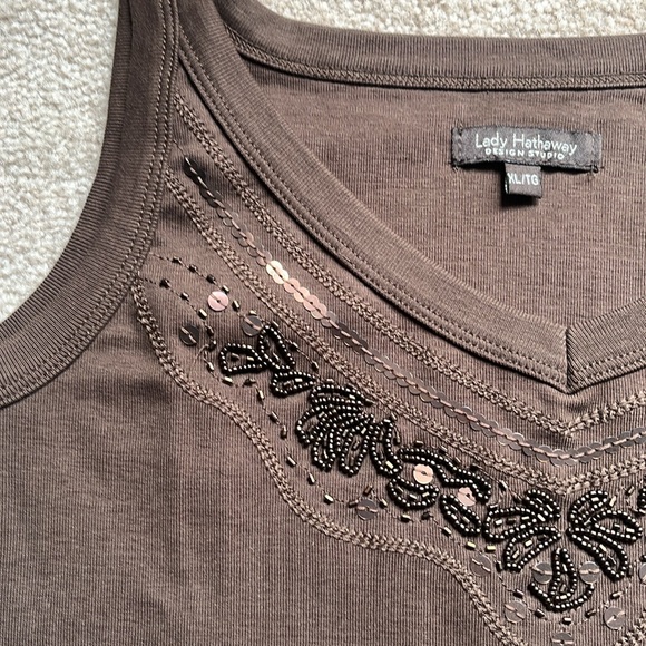 Beaded Brown Lady Hathaway V Neck Tank Top - Picture 3 of 7
